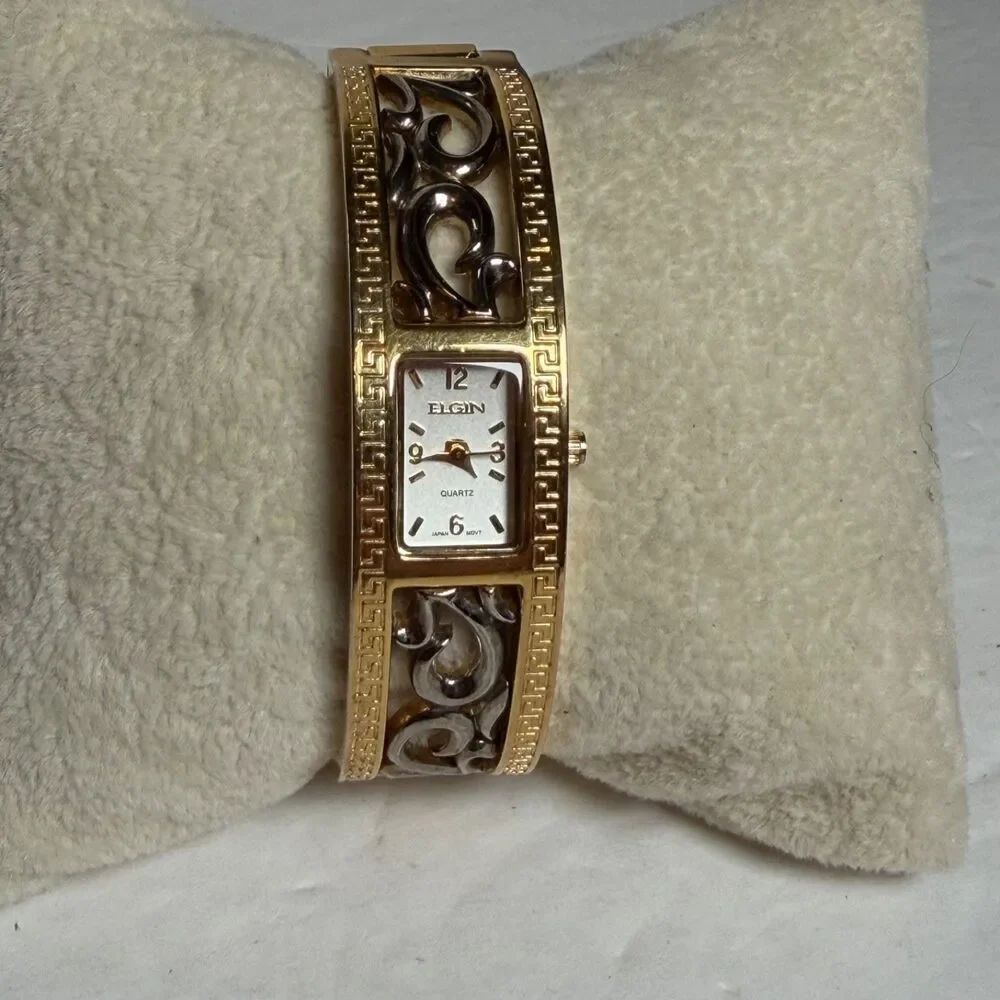 Vintage Elgin Women Gold Tone Hinged Cuff Bracelet Watch Greek Key Quartz Japan